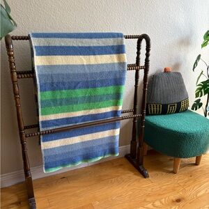 Vintage Lambs Wool Scandinavian Striped Blue & Green Blanket